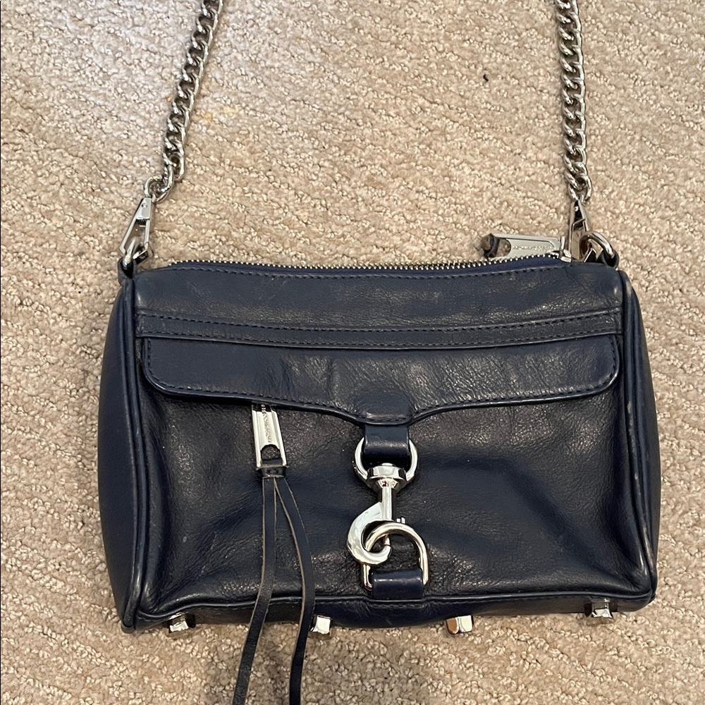 Rebecca Minkoff Navy Leather Mini Crossbody with Silver Hardware and Chain Strap